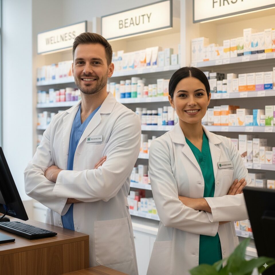 Pharmacien·ne en officine, croix verte et rayonnages en arrière-plan